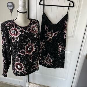 Vintage 2 piece set sequin‎ beaded floral embellished skirt and top size XL